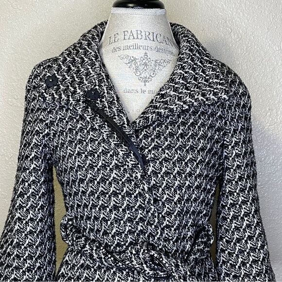 Bebe Wool Blend Belted Coat Snap Buttons Black White Metallic Silver Threads Sm - Picture 5 of 17
